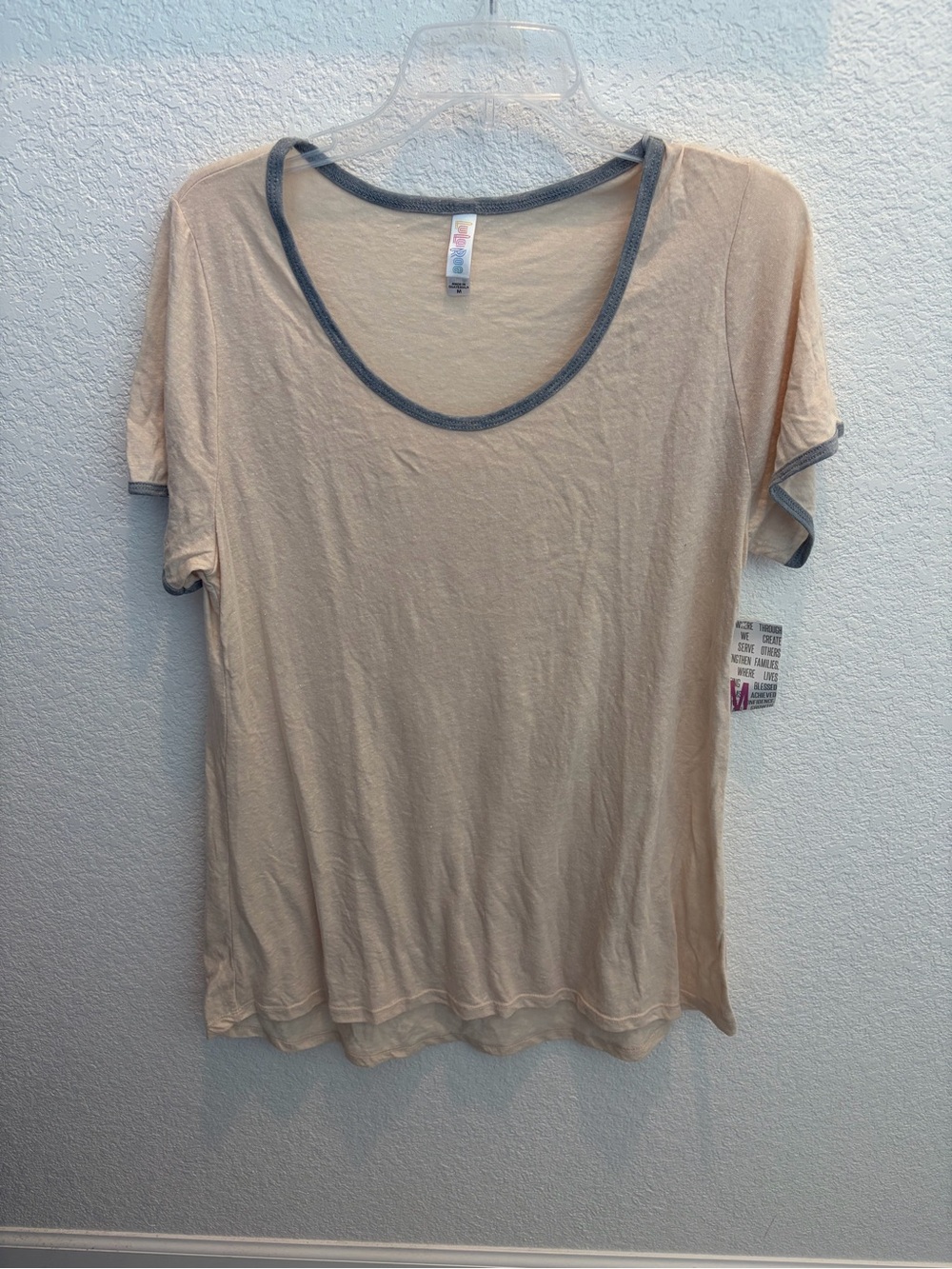 LuLaRoe Classic Tee Beige Short Sleeve Tee with Gray Trim
